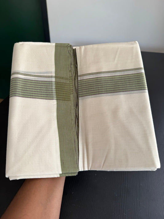 25% Discount! KaithariKada Handloom Millpaav - Kerala Handloom - Cotton Double Mundu/Dhoti Off white (Unbleached) - 80x90 - 1.5 inch Green & Brown Shaded Stripes Kara - 25 KK5383 RAM
