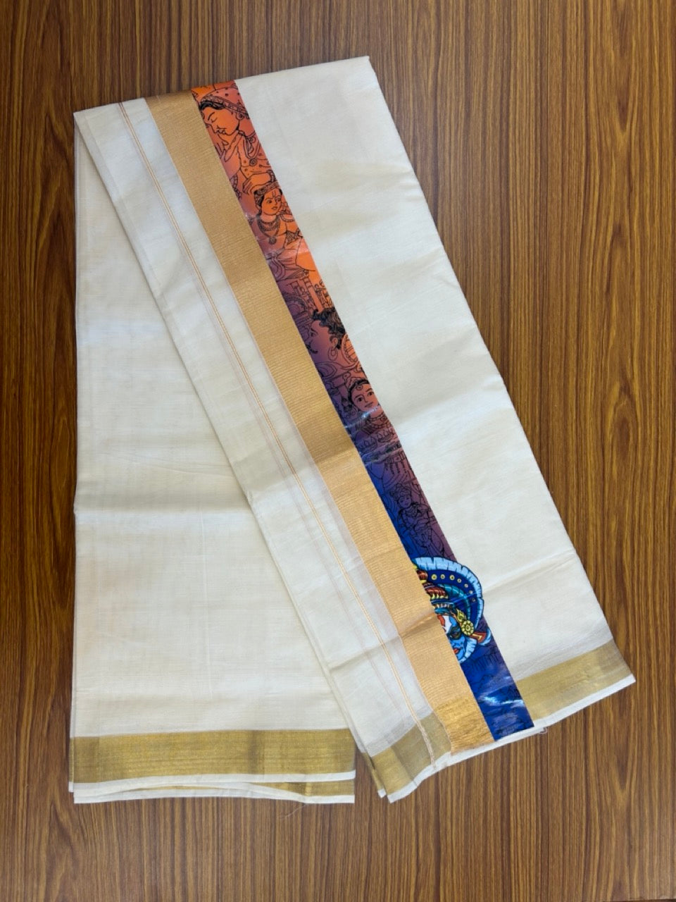 20% Discount! KaithariKada Balaramapuram  off white Double - (Unbleached) Mundu/Dhoti - Mixed Cotton (80x72) - Hand Printed Kathakali, Radha Krishna Gold Kasav Blue & Orange Pattern 2.75 inch Kara - 89 KK5251 PMC