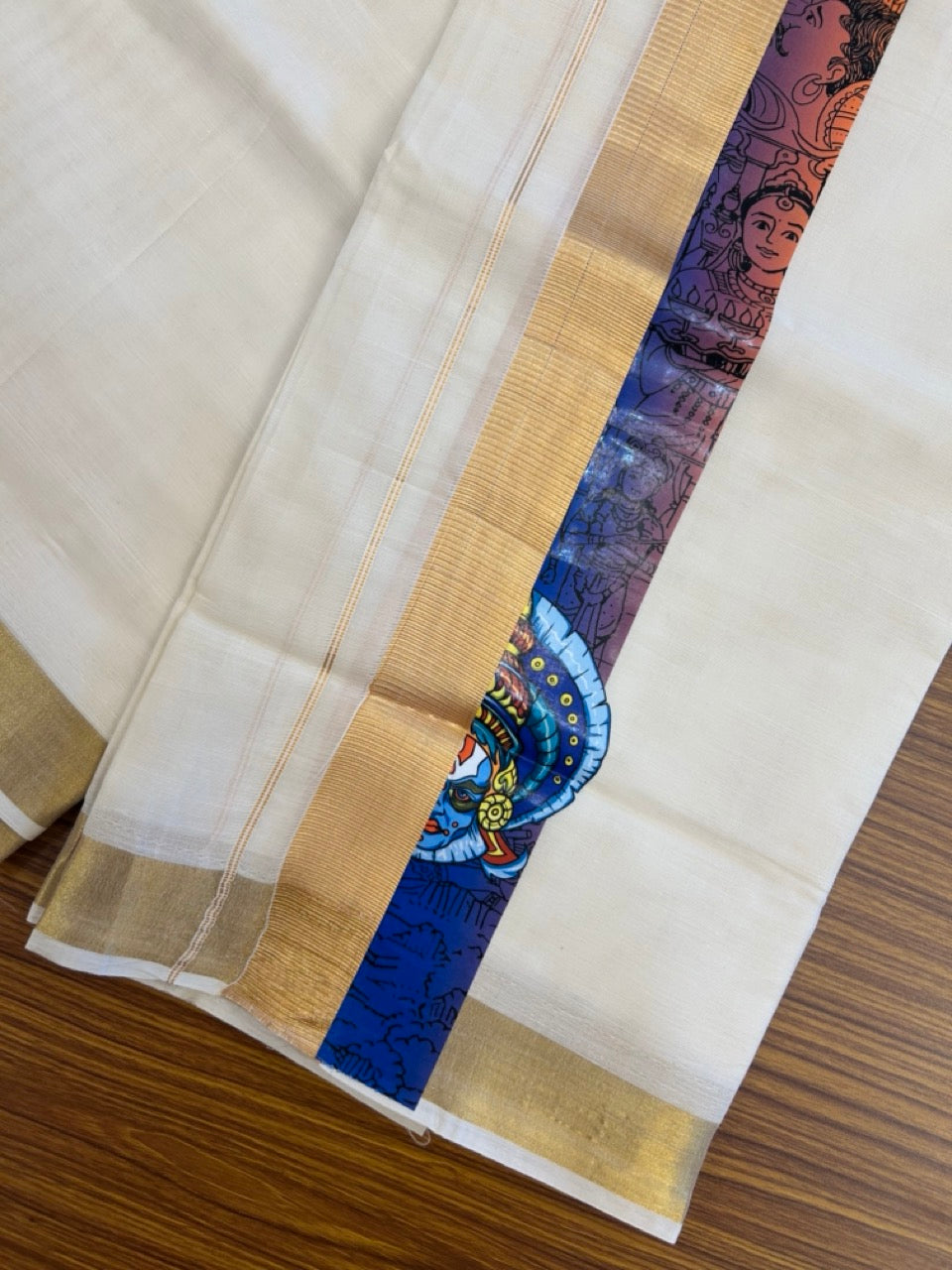 20% Discount! KaithariKada Balaramapuram  off white Double - (Unbleached) Mundu/Dhoti - Mixed Cotton (80x72) - Hand Printed Kathakali, Radha Krishna Gold Kasav Blue & Orange Pattern 2.75 inch Kara - 89 KK5251 PMC