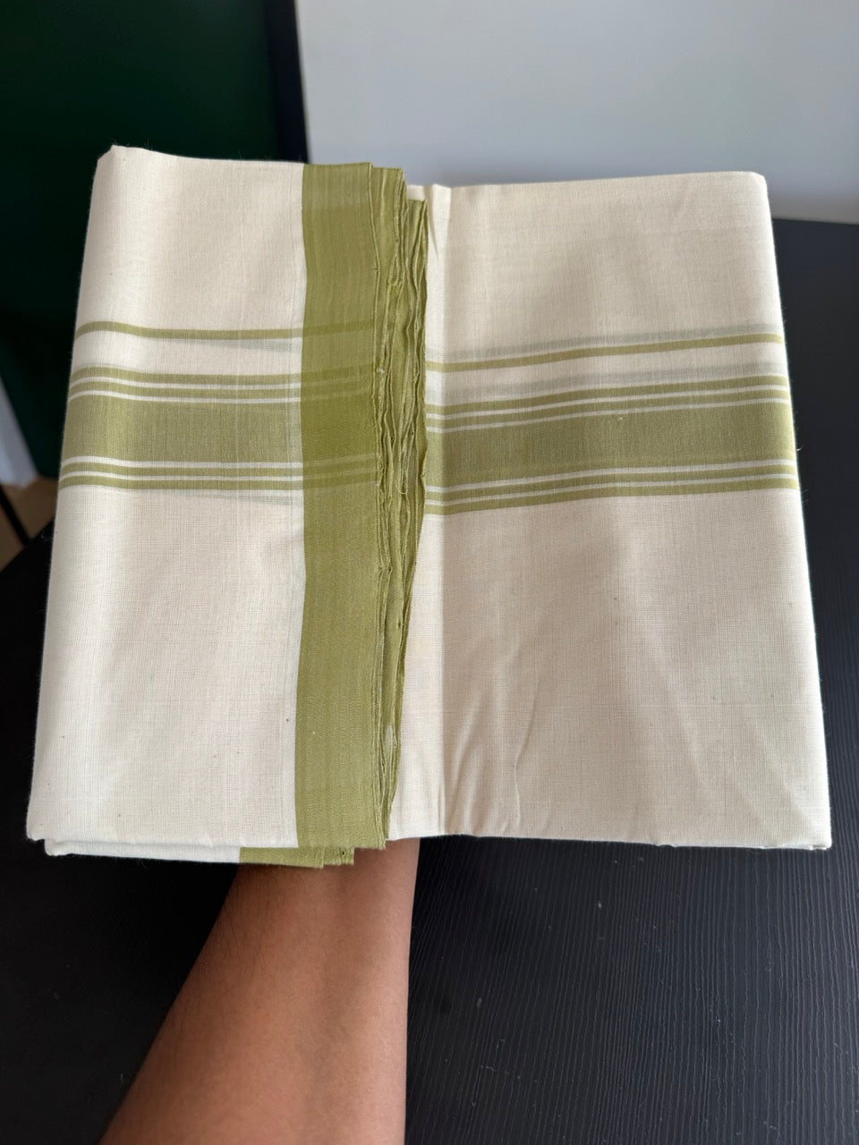 25% Discount! KaithariKada Handloom Millpaav - Kerala Handloom - Cotton Double Mundu/Dhoti Off white (Unbleached) - 80x90 - 1.75 inch Pista Green Shaded Stripes Kara 3.80 meter (8 Muzham) - 36 KK5383 RAM