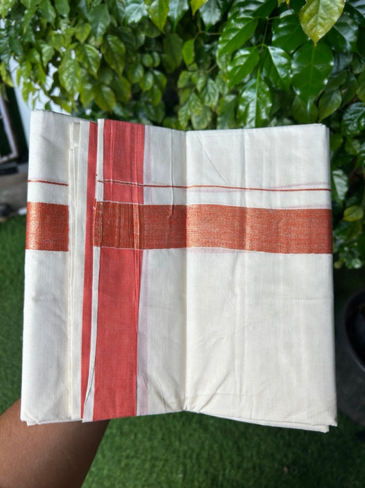 20% DISCOUNT ! KaithariKada Balaramapuram Mixed Cotton OFF WHITE (Unbleached) Double Mundu/Dhoti - 60s Thread Mixed Cotton - 1.5 inch Orange & Gold Kasav Kara - 2KK5213 VIN