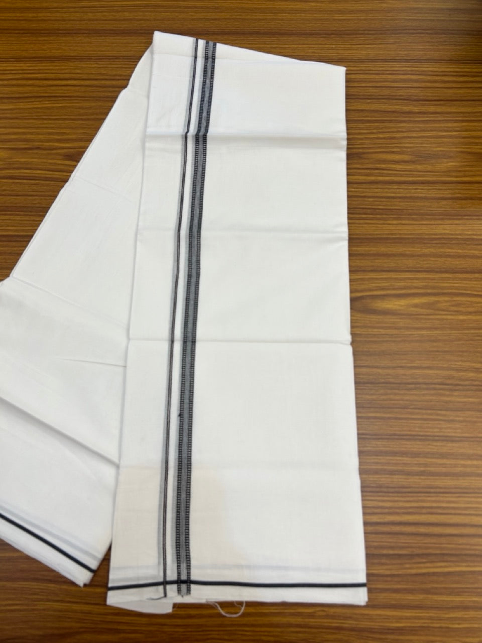 20% Discount ! Kaitharikada Balaramapuram 100% Cotton Pure White Double Mundu/Dothi - 100x80 - 0.25 inch Silver Kasav & Black Striped Design Kara 3.90 mtr (8 muzham) - 75 KK5285 VAS