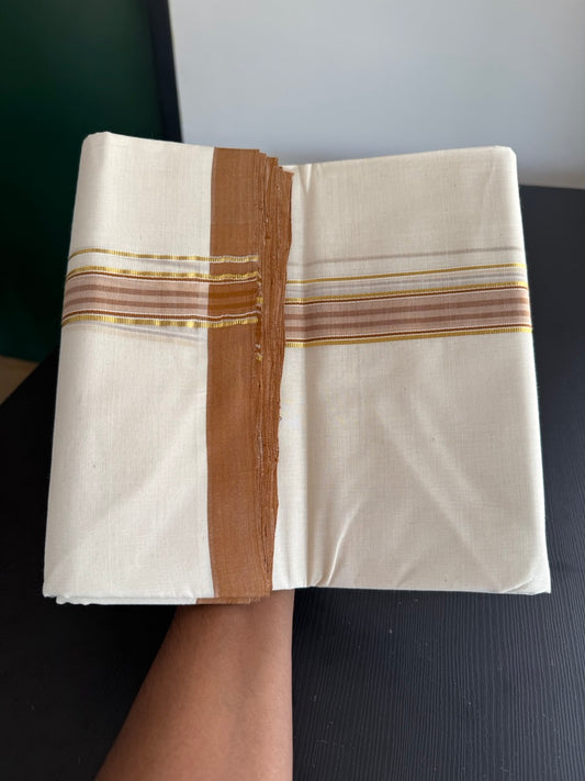 25% Discount! KaithariKada Handloom Millpaav - Kerala Handloom - Cotton Double Mundu/Dhoti Off white (Unbleached) - 80x90 - 1.25 inch Gold Kasav & Bronze Brown Shaded Stripes Kara 3.80 meter (8 Muzham) - 77 KK5383 RAM
