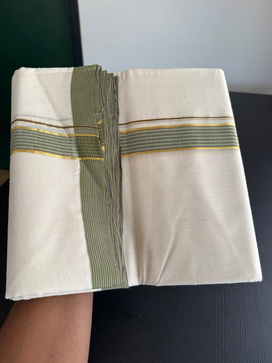 25% Discount! KaithariKada Handloom Millpaav - Kerala Handloom - Cotton Double Mundu/Dhoti Off white (Unbleached) - 80x90 - 1.25 inch Gold Kasav Green & Brown Shaded Stripes Kara 3.80 meter (8 Muzham) - 73 KK5383 RAM