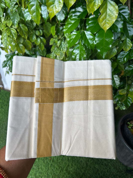 20% DISCOUNT ! KaithariKada Balaramapuram Mixed Cotton OFF WHITE (Unbleached) Double Mundu/Dhoti - 60s Thread Mixed Cotton - 1.5 inch Dark Yellow & Gold Kasav Kara - 4KK5213 VIN