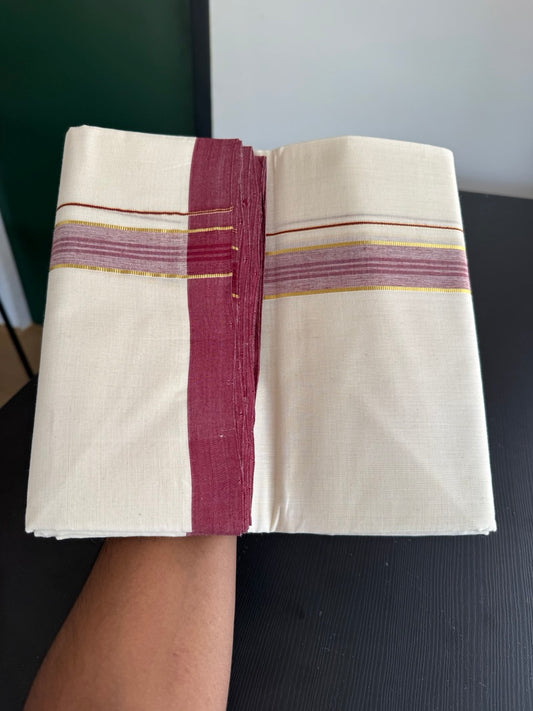 25% Discount! KaithariKada Handloom Millpaav - Kerala Handloom - Cotton Double Mundu/Dhoti Off white (Unbleached) - 80x90 - 1.25 inch Gold Kasav & Maroon Stripes Kara 3.80 meter (8 Muzham) - 83 KK5383 RAM