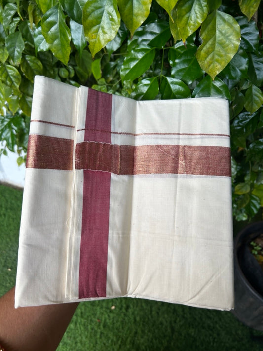 20% DISCOUNT ! KaithariKada Balaramapuram Mixed Cotton OFF WHITE (Unbleached) Double Mundu/Dhoti - 60s Thread Mixed Cotton - 1.5 inch Maroon & Gold Kasav Kara - 5KK5213 VIN