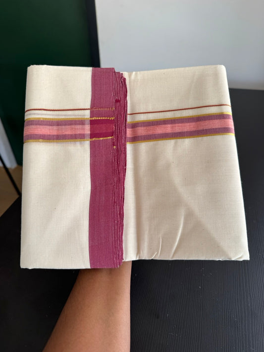 25% Discount! KaithariKada Handloom Millpaav - Kerala Handloom - Cotton Double Mundu/Dhoti Off white (Unbleached) - 80x90 - 1.25 inch Gold Kasav Dusty Maroon & Light orange Stripes Kara 3.80 meter (8 Muzham) -79 KK5383 RAM