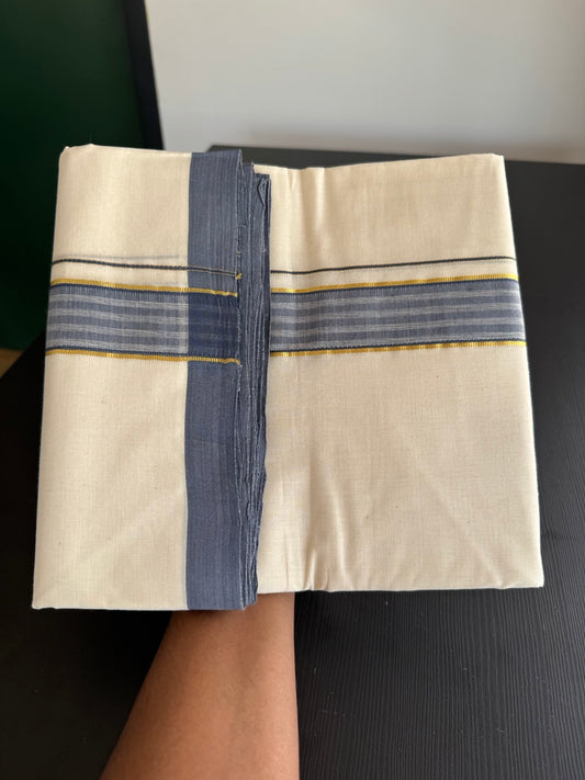 25% Discount! KaithariKada Handloom Millpaav - Kerala Handloom - Cotton Double Mundu/Dhoti Off white (Unbleached) - 80x90 - 1.75 inch Gold Kasav & Ash Blue Shaded Stripes Kara 3.80 meter (8 Muzham) - 74 KK5383 RAM