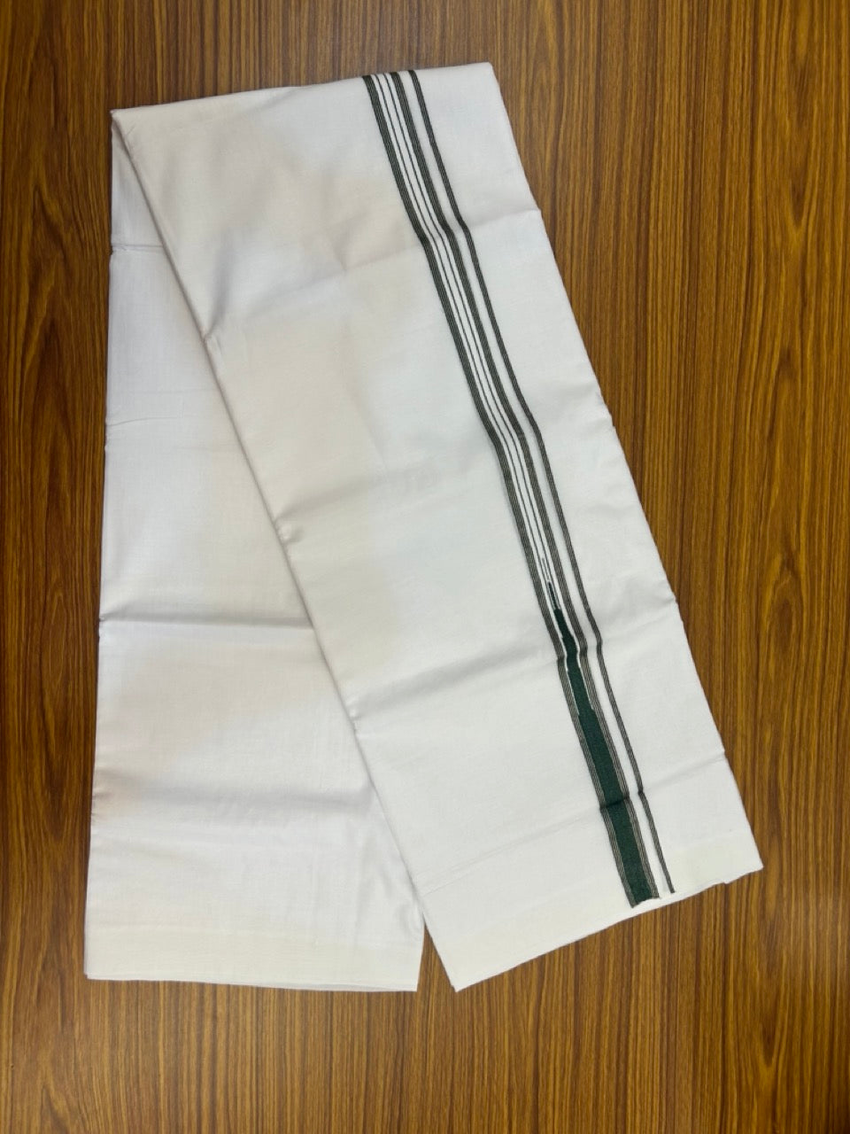 20% Discount ! Kaitharikada Balaramapuram 100% Cotton Pure White Double Mundu/Dothi - 100x80 - 1 inch Puliyilakkara Silver Kasav & Green One Side Chutty Kara  3.90 mtr (8 muzham) - 79 KK5285 VAS