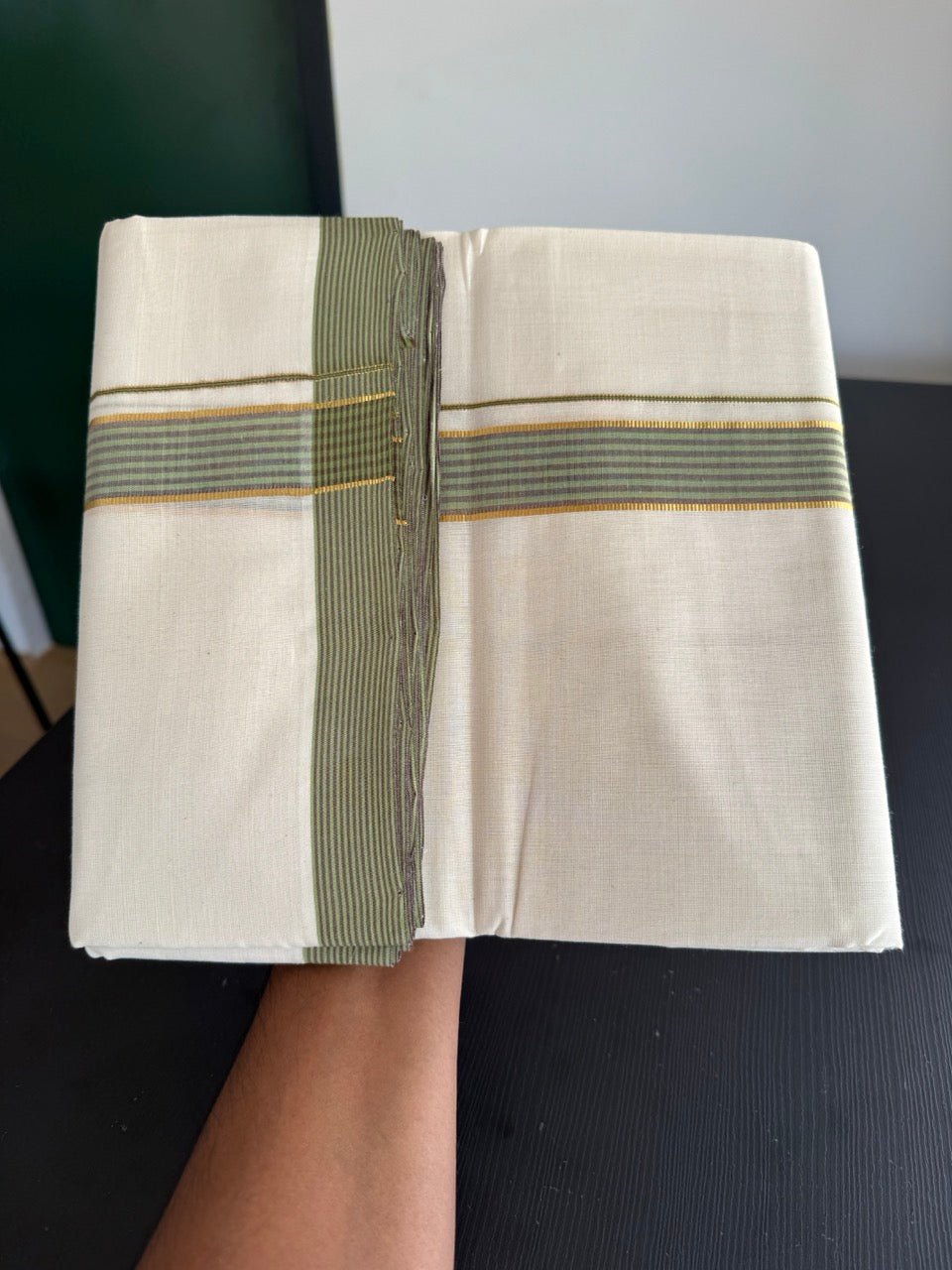 25% Discount! KaithariKada Handloom Millpaav - Kerala Handloom - Cotton Double Mundu/Dhoti Off white (Unbleached) - 80x90 - 1.25 inch Gold Kasav Green & Brown Shaded Stripes Kara 3.80 meter (8 Muzham) - 71 KK5383 RAM