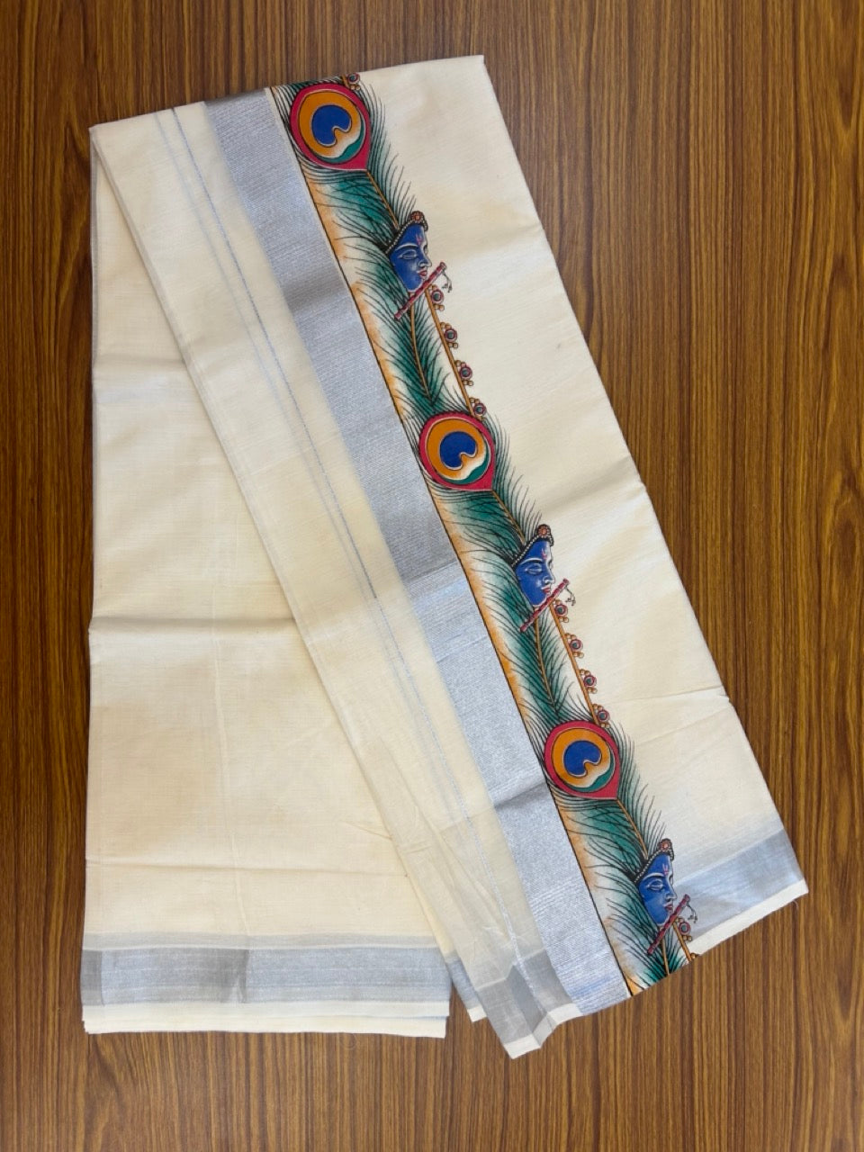 18% Discount! KaithariKada Balaramapuram Off White Double - (Unbleached) Mundu/Dhoti - Mixed Cotton (80x72) - Krishna & Peacock Feather Hand Printed Silver Kasav Multi colour Pattern 3.5 inch Kara - 93 KK5251 PMC