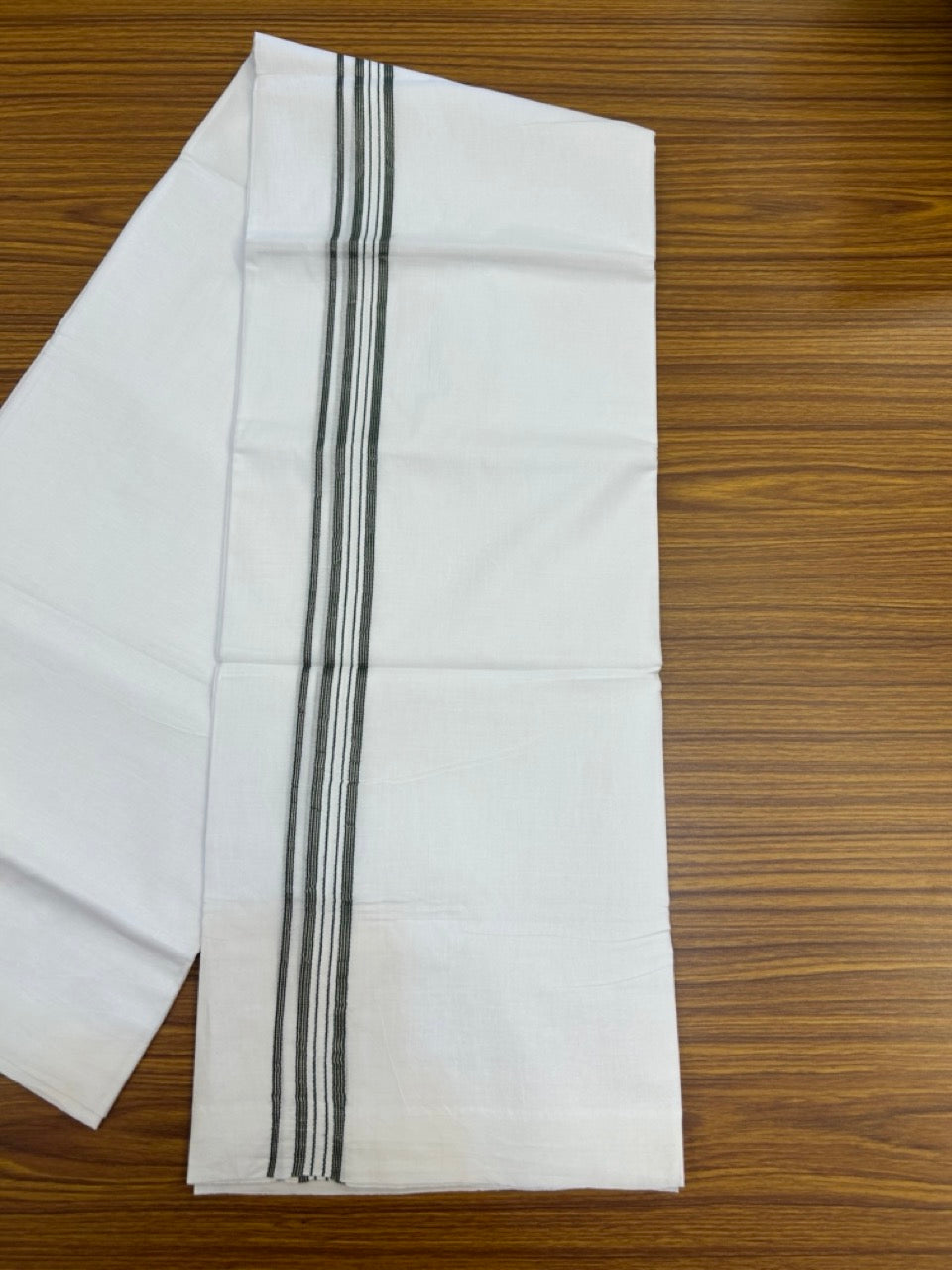 20% Discount ! Kaitharikada Balaramapuram 100% Cotton Pure White Double Mundu/Dothi - 100x80 - 1 inch Puliyilakkara Silver Kasav & Green One Side Chutty Kara  3.90 mtr (8 muzham) - 79 KK5285 VAS