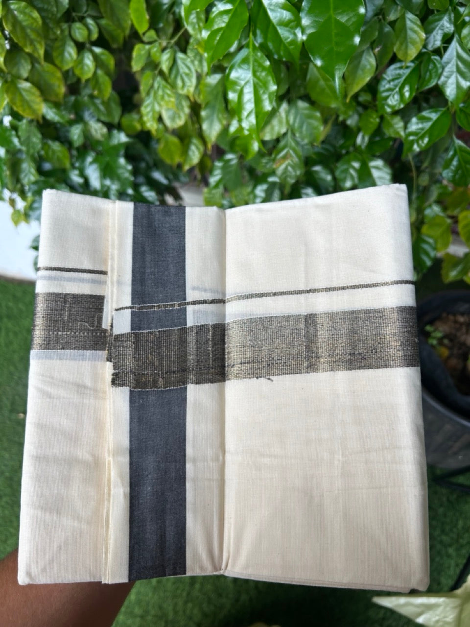 20% DISCOUNT ! KaithariKada Balaramapuram Mixed Cotton OFF WHITE (Unbleached) Double Mundu/Dhoti - 60s Thread Mixed Cotton - 1.5 inch Black & Gold Kasav Kara - 1KK5213 VIN