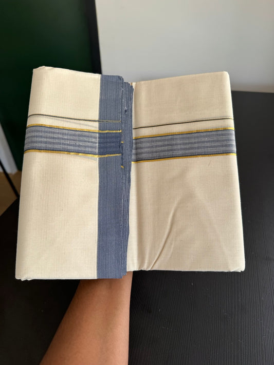 25% Discount! KaithariKada Handloom Millpaav - Kerala Handloom - Cotton Double Mundu/Dhoti Off white (Unbleached) - 80x90 - 1.25 inch Gold Kasav & Ash Blue Shaded Stripes Kara 3.80 meter (8 Muzham) - 75 KK5383 RAM