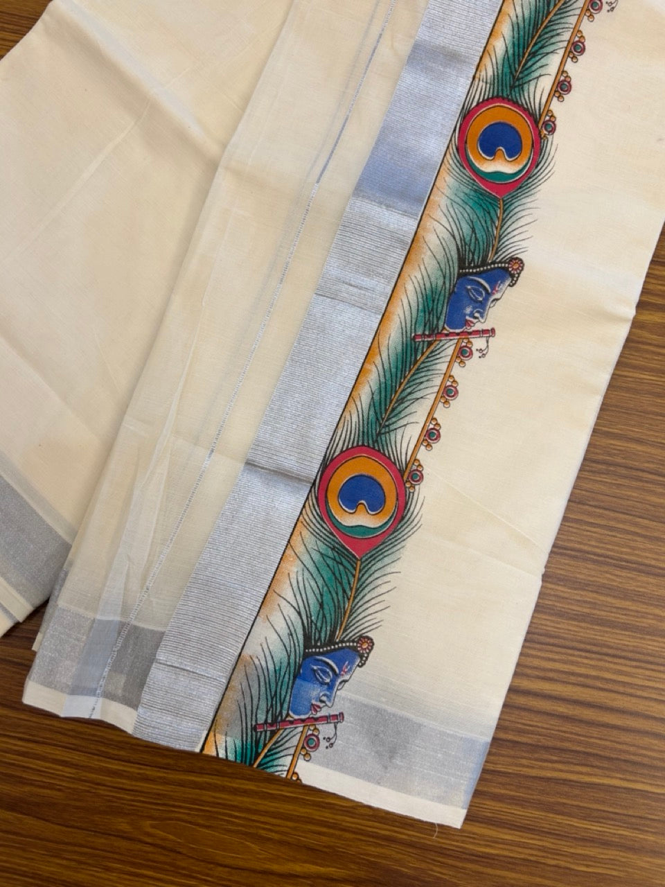 18% Discount! KaithariKada Balaramapuram Off White Double - (Unbleached) Mundu/Dhoti - Mixed Cotton (80x72) - Krishna & Peacock Feather Hand Printed Silver Kasav Multi colour Pattern 3.5 inch Kara - 93 KK5251 PMC