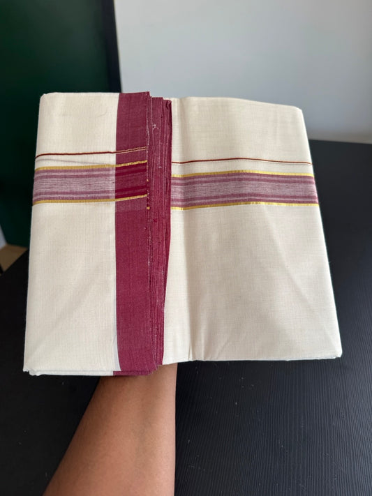 25% Discount! KaithariKada Handloom Millpaav - Kerala Handloom - Cotton Double Mundu/Dhoti Off white (Unbleached) - 80x90 - 1.25 inch Gold Kasav & Maroon Stripes Kara 3.80 meter (8 Muzham) - 81 KK5383 RAM