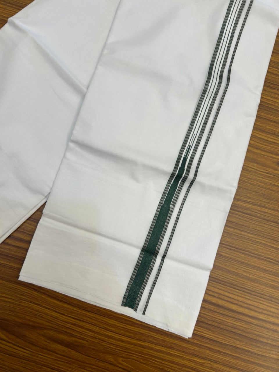 20% Discount ! Kaitharikada Balaramapuram 100% Cotton Pure White Double Mundu/Dothi - 100x80 - 1 inch Puliyilakkara Silver Kasav & Green One Side Chutty Kara  3.90 mtr (8 muzham) - 79 KK5285 VAS