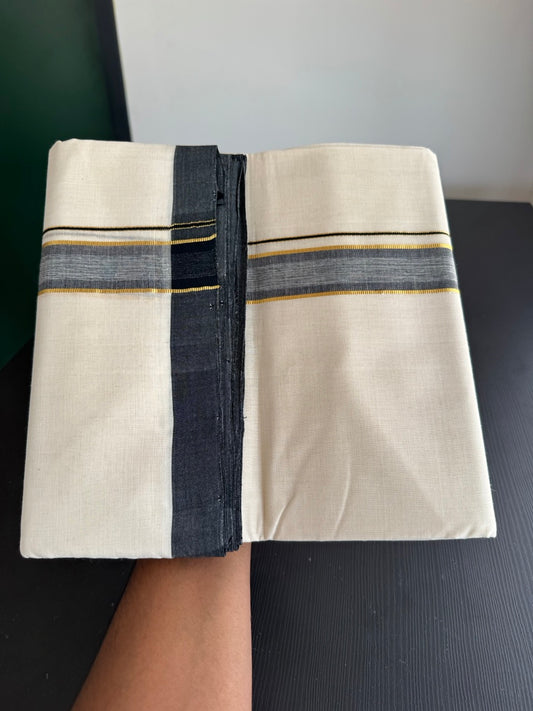 25% Discount! KaithariKada Handloom Millpaav - Kerala Handloom - Cotton Double Mundu/Dhoti Off white (Unbleached) - 80x90 - 1.25 inch Gold Kasav & Black Shaded Stripes Kara 3.80 meter (8 Muzham) - 72 KK5383 RAM