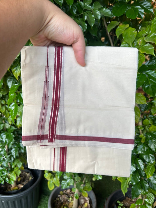 20% Discount ! KaithariKada Balaramapuram 100% Cotton Double OFF WHITE - (Unbleached) - Mundu / Dhoti- 100x80 - 1.5 cm Silver kasavu Maroon Puliyilakkara chutty - 31KK5213 VIN
