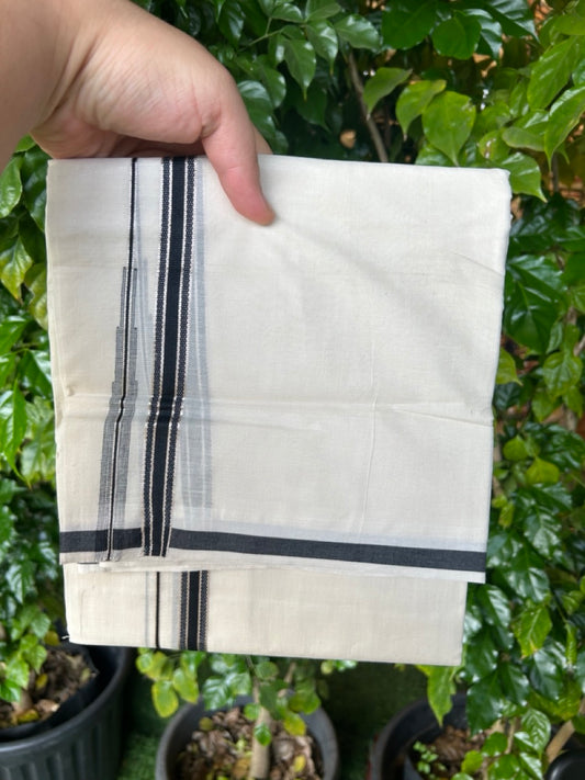 20% Discount ! KaithariKada Balaramapuram 100% Cotton Double OFF WHITE - (Unbleached) - Mundu / Dhoti- 100x80 - 1.5 cm Silver kasavu Black Puliyilakkara chutty - 32KK5213 VIN