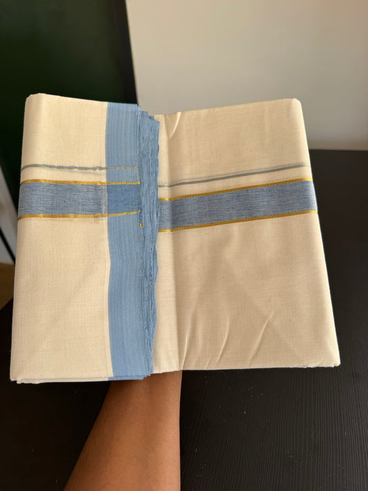 25% Discount! KaithariKada Handloom Millpaav - Kerala Handloom - Cotton Double Mundu/Dhoti Off white (Unbleached) - 80x90 - 1.25 inch Gold Kasav & Sky Blue Shaded Kara 3.80 meter (8 Muzham) - 76 KK5383 RAM
