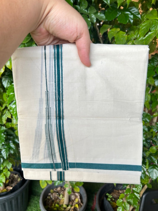 20% Discount ! KaithariKada Balaramapuram 100% Cotton Double OFF WHITE - (Unbleached) - Mundu / Dhoti- 100x80 - 1.5 cm Silver kasavu Green Puliyilakkara chutty - 33KK5213 VIN