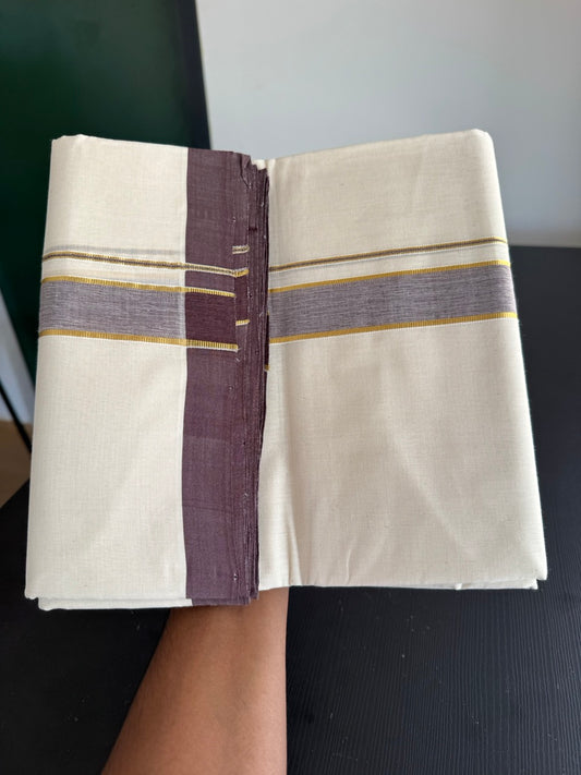 25% Discount! KaithariKada Handloom Millpaav - Kerala Handloom - Cotton Double Mundu/Dhoti Off white (Unbleached) - 80x90 - 1.25 inch Gold Kasav & Chocolate Brown Shaded Kara 3.80 meter (8 Muzham) - 80 KK5383 RAM