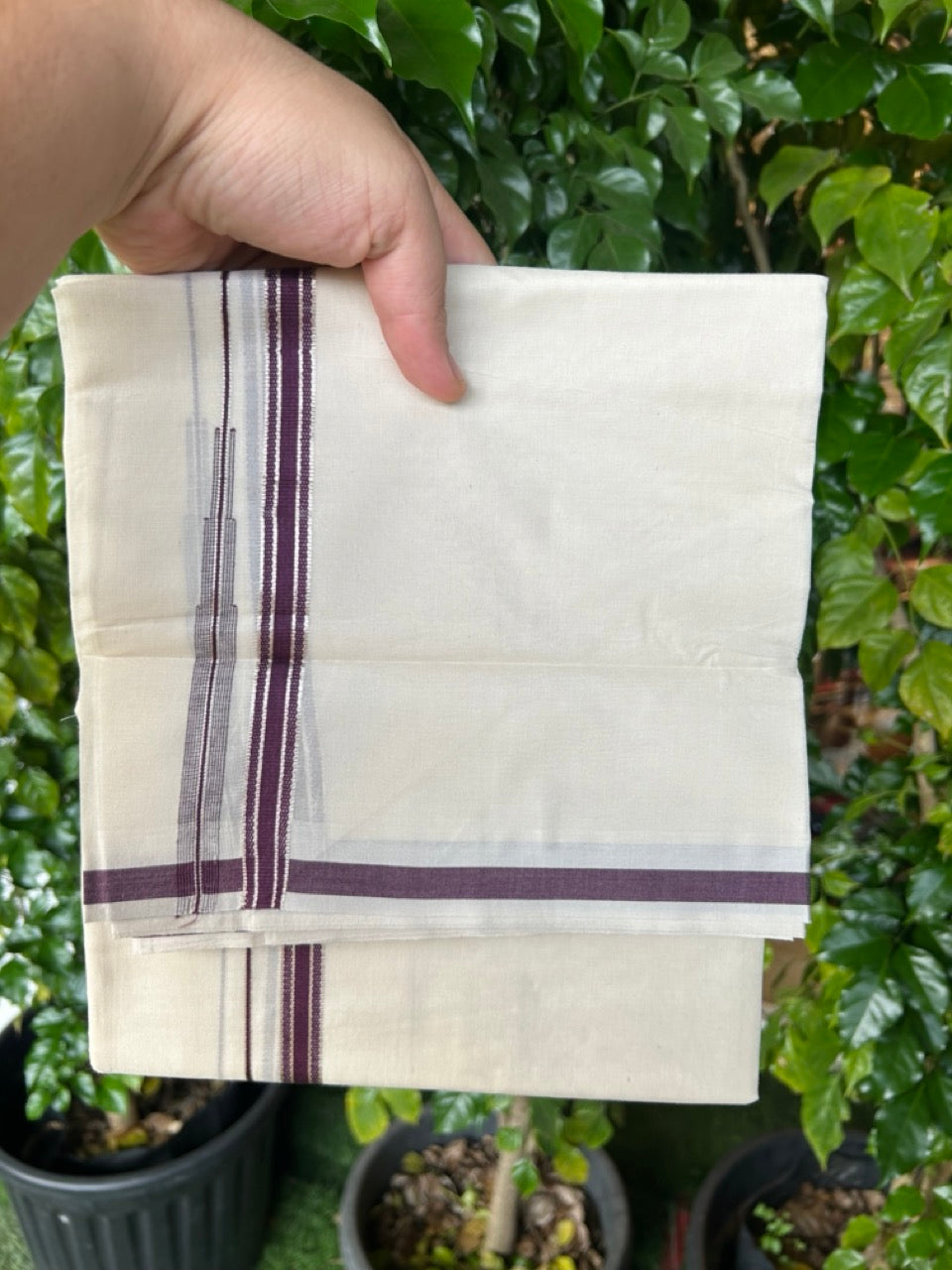 20% Discount ! KaithariKada Balaramapuram 100% Cotton Double OFF WHITE - (Unbleached) - Mundu / Dhoti- 100x80 - 1.5 cm Silver kasavu Wine Purple Puliyilakkara chutty - 34KK5213 VIN