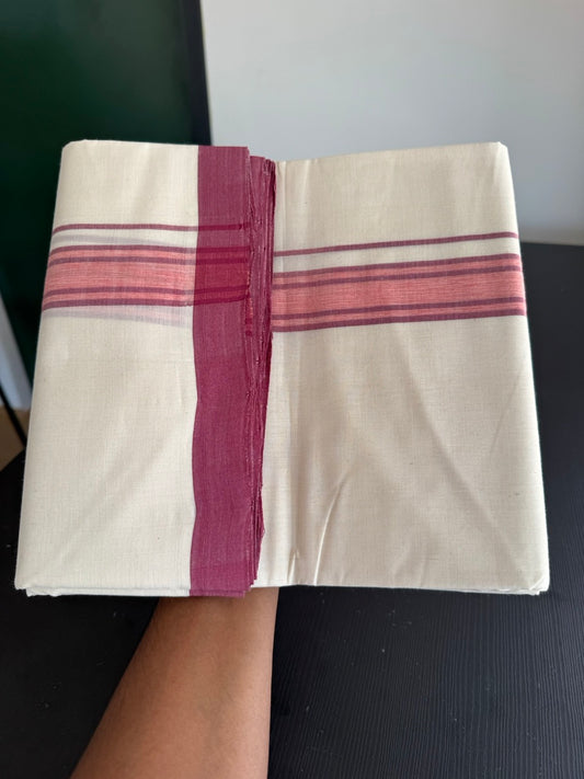 25% Discount! KaithariKada Handloom Millpaav - Kerala Handloom - Cotton Double Mundu/Dhoti Off white (Unbleached) - 80x90 - 1.25 inch Dusty Maroon & Orange Shaded Stripes Kara 3.80 meter (8 Muzham) - 32 KK5383 RAM
