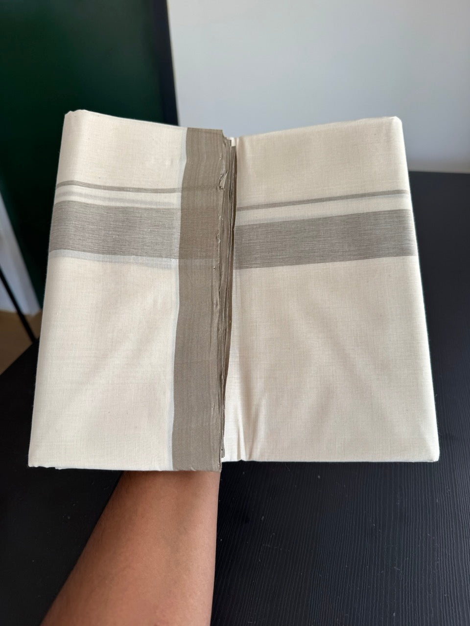 25% Discount! KaithariKada Handloom Millpaav - Kerala Handloom - Cotton Double Mundu/Dhoti Off white (Unbleached) - 80x90 - 1.25 inch Sage Grey Shaded Kara - 27 KK5383 RAM