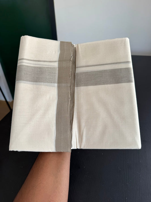 25% Discount! KaithariKada Handloom Millpaav - Kerala Handloom - Cotton Double Mundu/Dhoti Off white (Unbleached) - 80x90 - 1.25 inch Sage Grey Shaded Kara - 27 KK5383 RAM