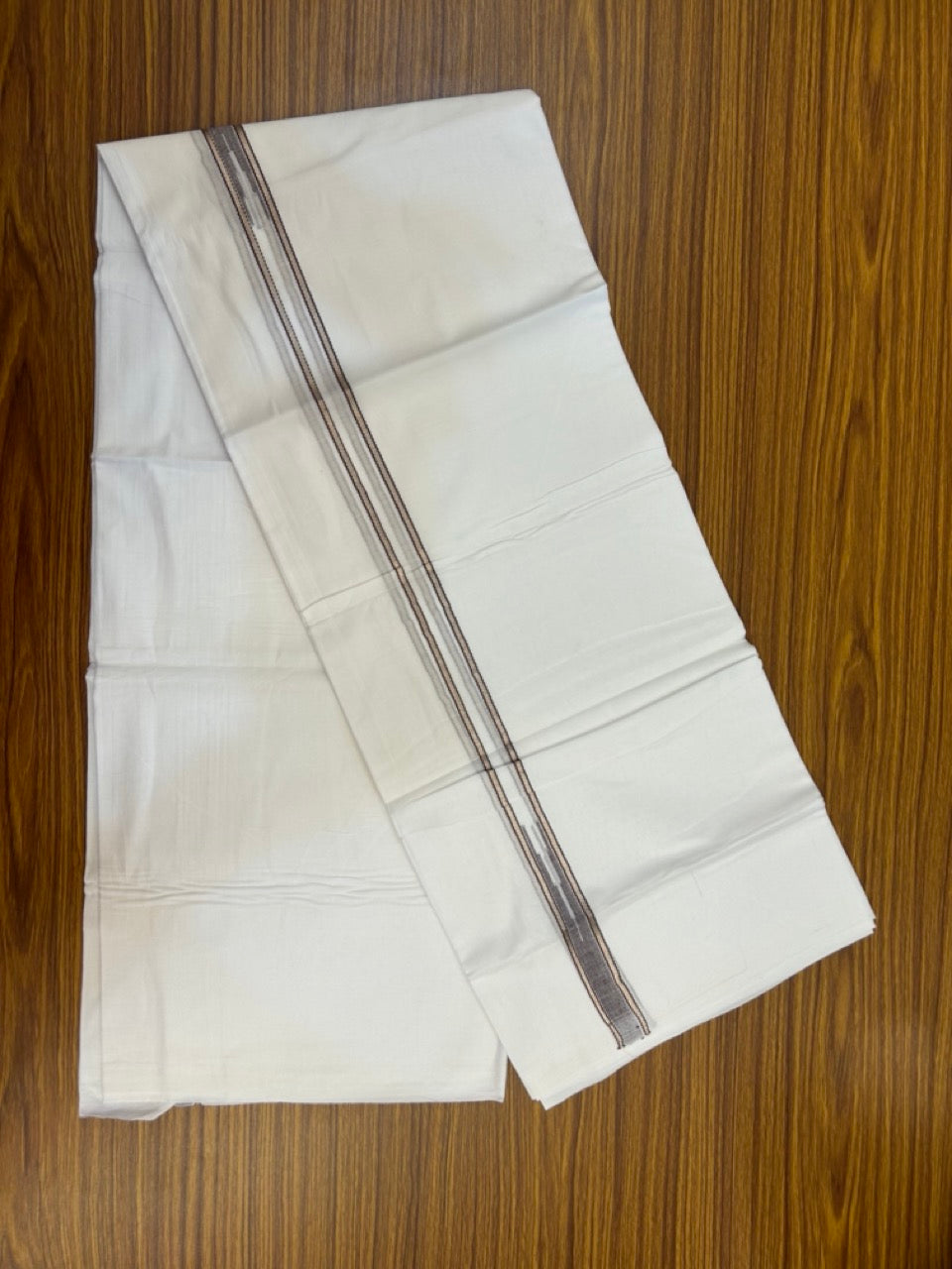 20% Discount ! Kaitharikada Balaramapuram 100% Cotton Pure White Double Mundu/Dothi - 100x80 - 0.75 inch Puliyilakkara Silver Kasav & Brown Chutty Kara  3.90 mtr (8 muzham) - 85 KK5285 VAS