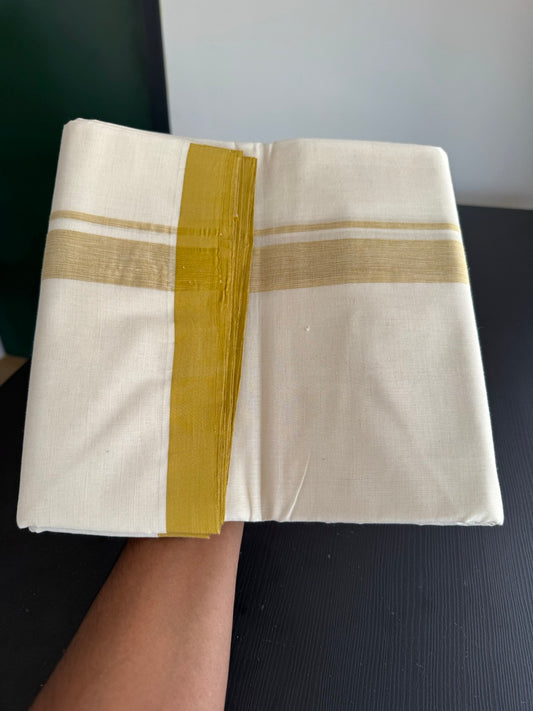 25% Discount! KaithariKada Handloom Millpaav - Kerala Handloom - Cotton Double Mundu/Dhoti Off white (Unbleached) - 80x90 - 1.25 inch Mustard Yellow Shaded Kara 3.80 meter (8 Muzham) - 26 KK5383 RAM