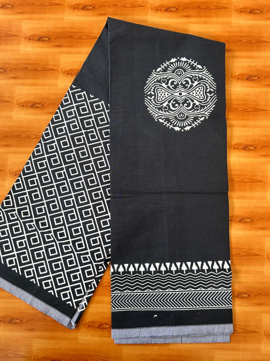 Single Kaily / Lungi - Pure Cotton - (40s) - White Design printed kuppadam kara with Ash Black colour body (2 meter / 4 muzham) - 19 KK8063 GAN