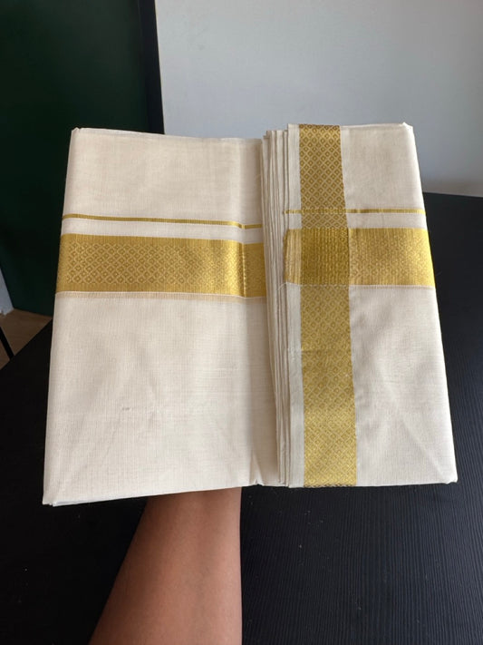 25% Discount ! KaithariKada Kerala Handloom Millpaav  - 100% Pure Cotton Off White- (Unbleached) Double Mundu/Dhoti - 80x90 - 1.75 inch Gold Kasav Jacquard Design Kara 4 mtr (8.5 Muzham) - 38 KK5383 RAM
