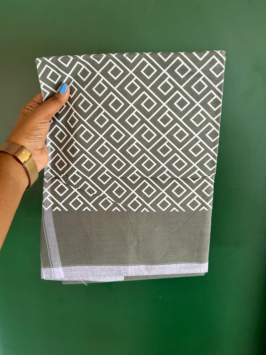 Single Kaily / Lungi - Mixed Cotton - (40s) - White Design printed kuppadam kara with Sage Green colour body (2 meter / 4 muzham) - 16 KK8062 GAN