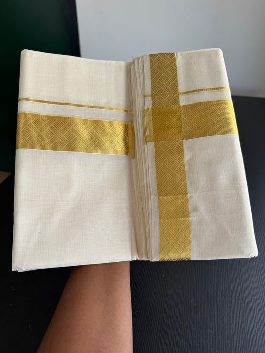 25% Discount ! KaithariKada Kerala Handloom Millpaav  - 100% Pure Cotton Off White- (Unbleached) Double Mundu/Dhoti - 80x90 - 1.75 inch Gold Kasav Jacquard Design Kara 4 mtr (8.5 Muzham) - 42 KK5383 RAM