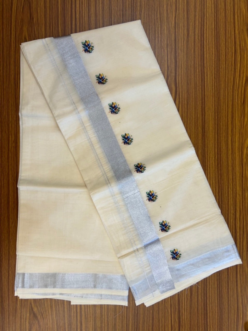18% Discount !! KaithariKada Balaramapuram Double Off white (Unbleached) Mundu/Dhoti - Mixed Cotton (80x72) - Hand Painted 3 inch Radha Krishna Silver Kasavu Green & Blue Design Kara 4 mtr (8.5 muzham) - 99 KK5251 PMC