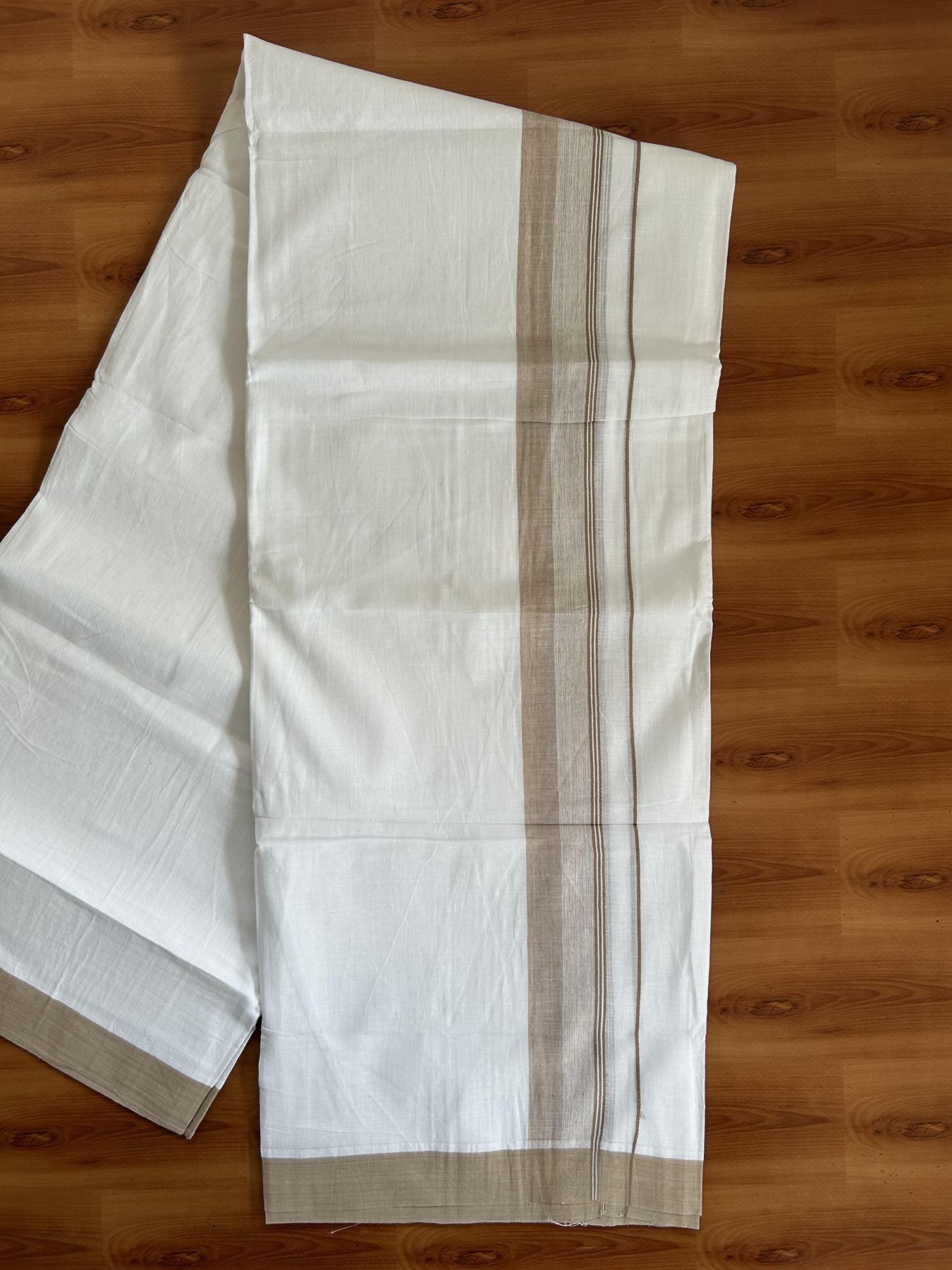 20% Discount ! KaithariKada Balaramapuram - 100% Pure Cotton Pure white Double Mundu/Dhothi 100x80 - 1.5 inch Light Brown Shaded Kara  4.5 Meters (10 Muzham) - 1 KK5391 THI