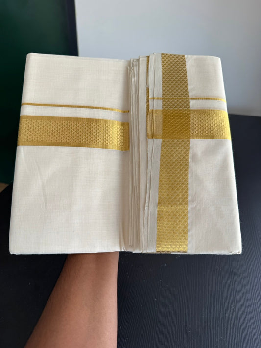 25% Discount ! KaithariKada Kerala Handloom Millpaav  - 100% Pure Cotton Off White- (Unbleached) Double Mundu/Dhoti - 80x90 - 1.5 inch Gold Kasav Jacquard Design Kara 4 mtr (8.5 Muzham) - 41 KK5383 RAM