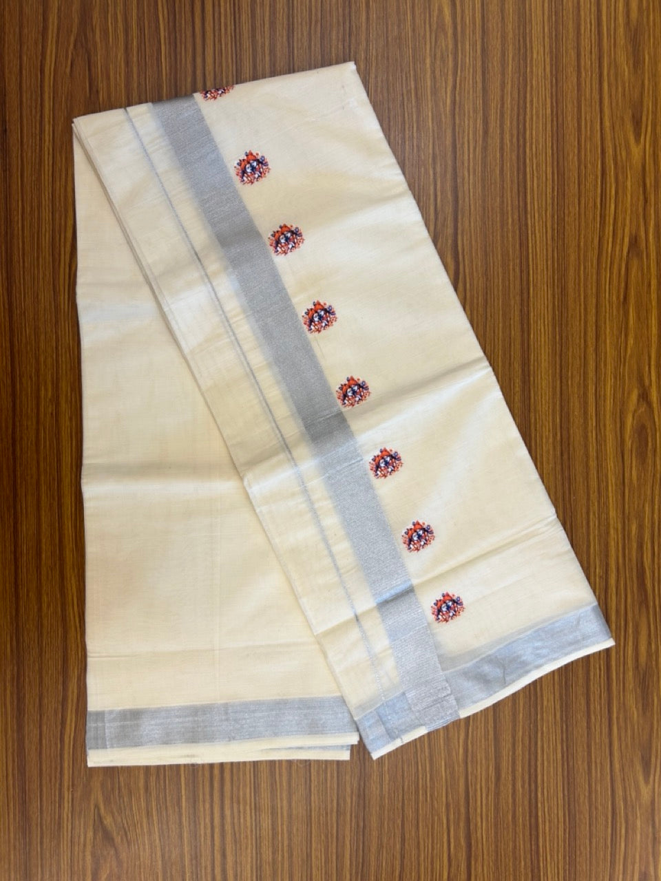 18% Discount !! KaithariKada Balaramapuram Double Off white (Unbleached) Mundu/Dhoti- Mixed Cotton (80x72) - Hand Painted 3 inch Radha Krishna Silver Kasavu Orange & Blue Design Kara 4 mtr (8.5 muzham) - 100 KK5251 PMC
