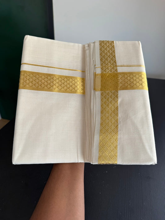 25% Discount ! KaithariKada Kerala Handloom Millpaav  - 100% Pure Cotton Off White- (Unbleached) Double Mundu/Dhoti - 80x90 - 1.5 inch Gold Kasav Jacquard Design Kara 4 mtr (8.5 Muzham) - 39 KK5383 RAM