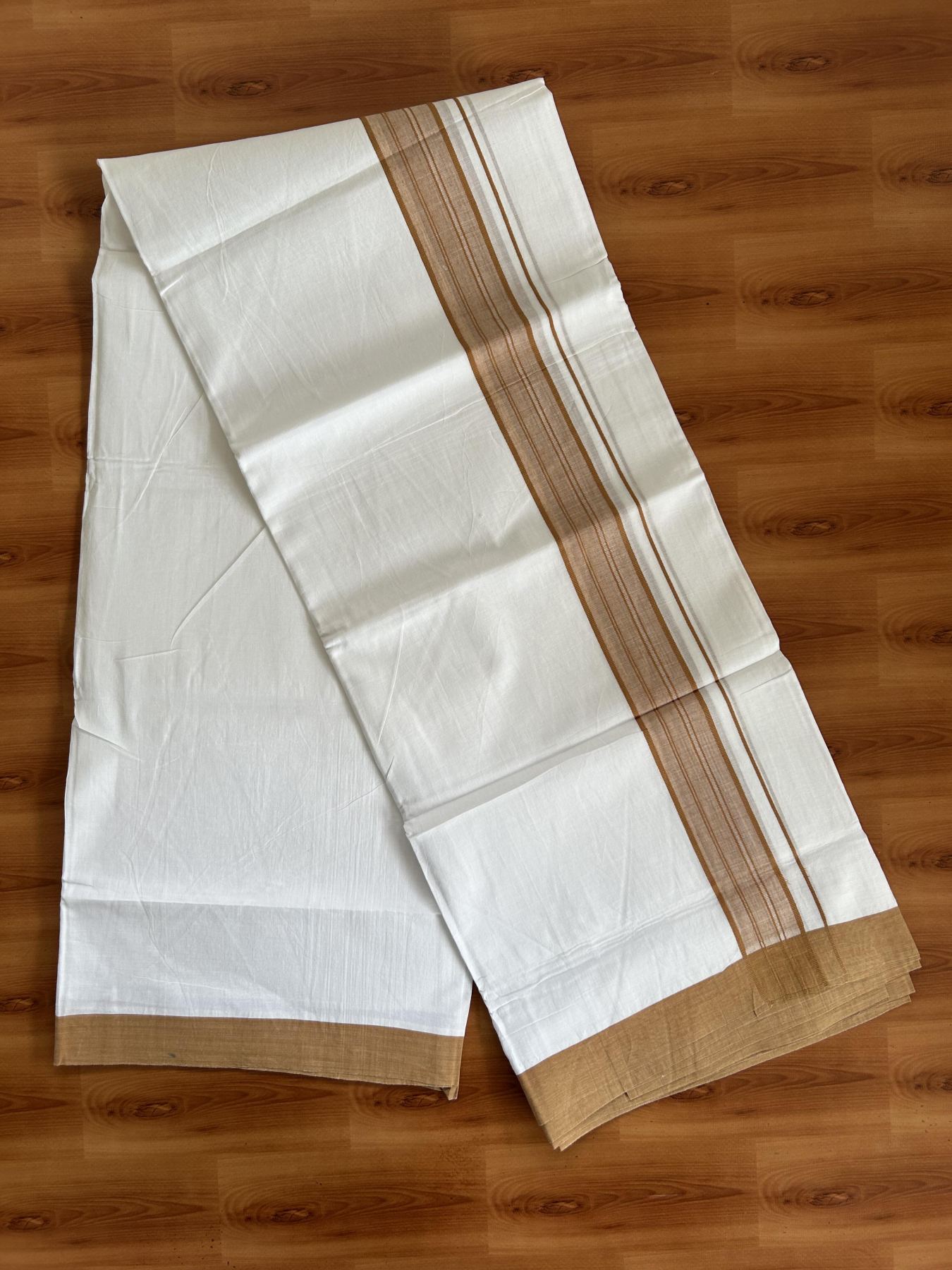 20% Discount ! KaithariKada Balaramapuram - 100% Pure Cotton Pure white Double Mundu / Dhothi 100x80 - 1.5 inch Orange Brown Shaded Kara  4.5 Meters (10 Muzham) - 17 KK5391 THI