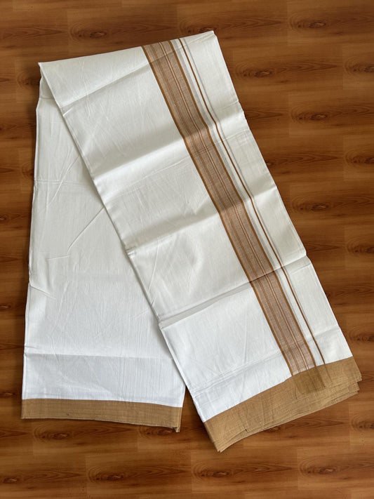 20% Discount ! KaithariKada Balaramapuram - 100% Pure Cotton Pure white Double Mundu / Dhothi 100x80 - 1.5 inch Orange Brown Shaded Kara  4.5 Meters (10 Muzham) - 17 KK5391 THI