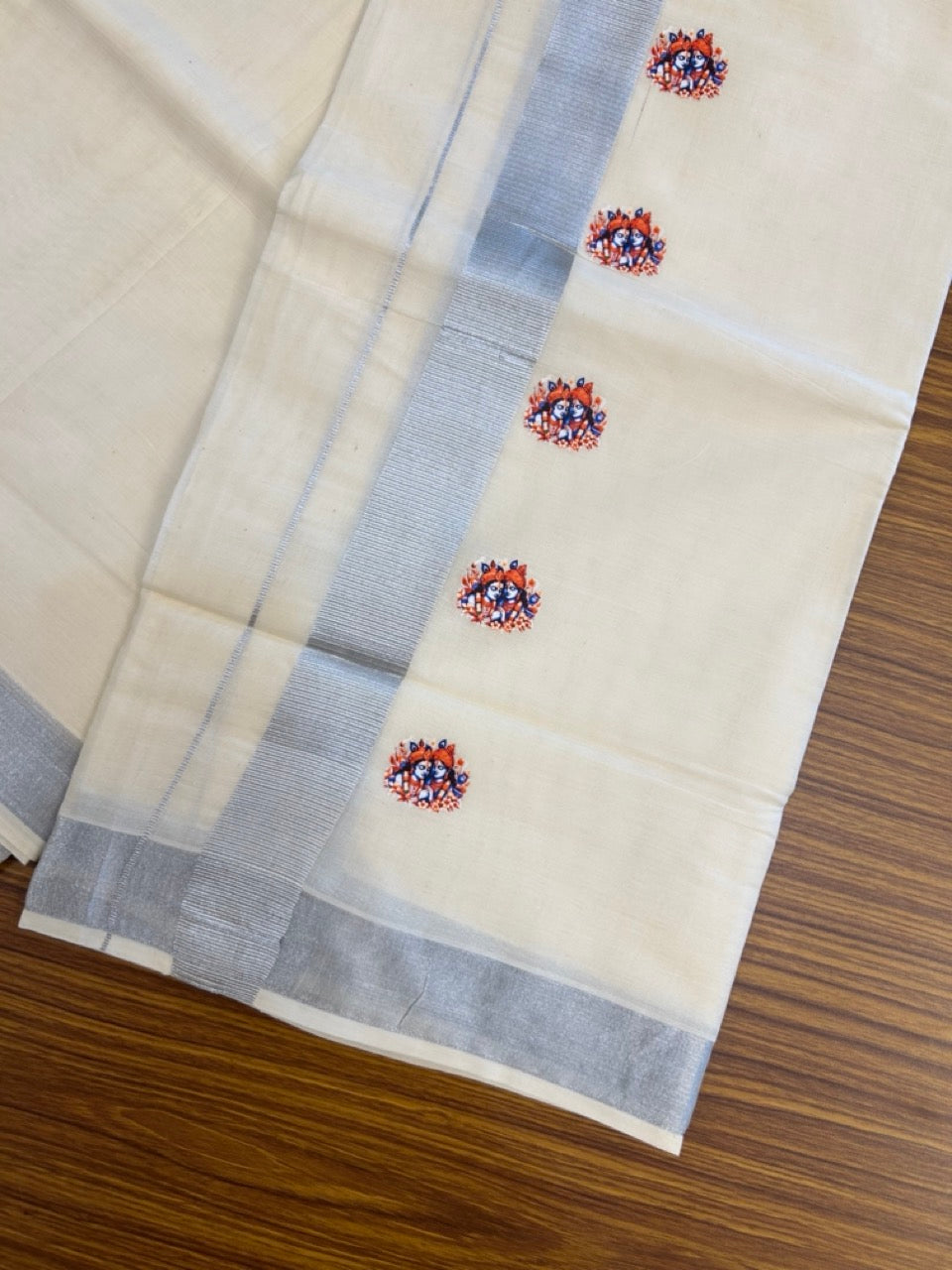 18% Discount !! KaithariKada Balaramapuram Double Off white (Unbleached) Mundu/Dhoti- Mixed Cotton (80x72) - Hand Painted 3 inch Radha Krishna Silver Kasavu Orange & Blue Design Kara 4 mtr (8.5 muzham) - 100 KK5251 PMC