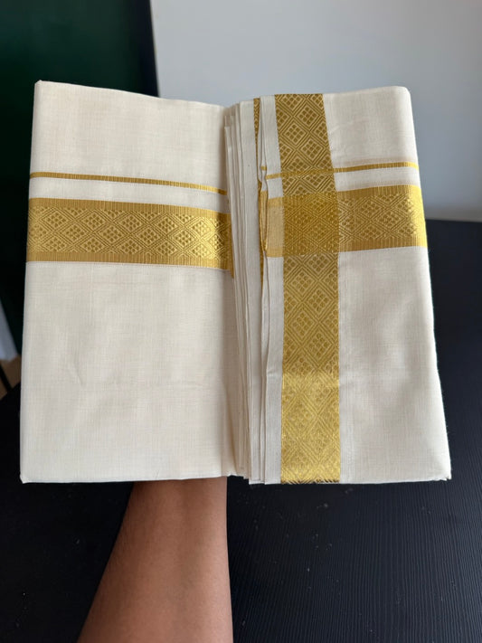 25% Discount ! KaithariKada Kerala Handloom Millpaav  - 100% Pure Cotton Off White- (Unbleached) Double Mundu/Dhoti - 80x90 - 1.5 inch Gold Kasav Jacquard Design Kara 4 mtr (8.5 Muzham) - 40 KK5383 RAM
