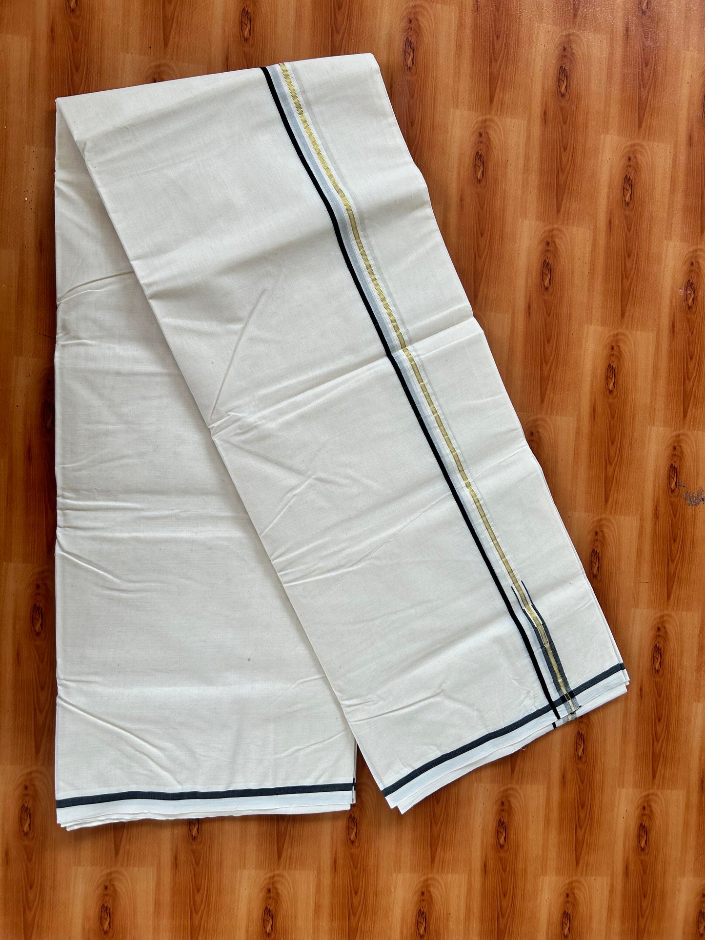 Double Off white Mundu/Dhoti - 20% Discount! KaithariKada Balaramapuram - 100% Cotton 100x100 - 0.4 inch Puliyilakkara Gold Kasav & Black Chutty Kara 4 mtr (8.5 muzham) - 7 KK5424 ASH