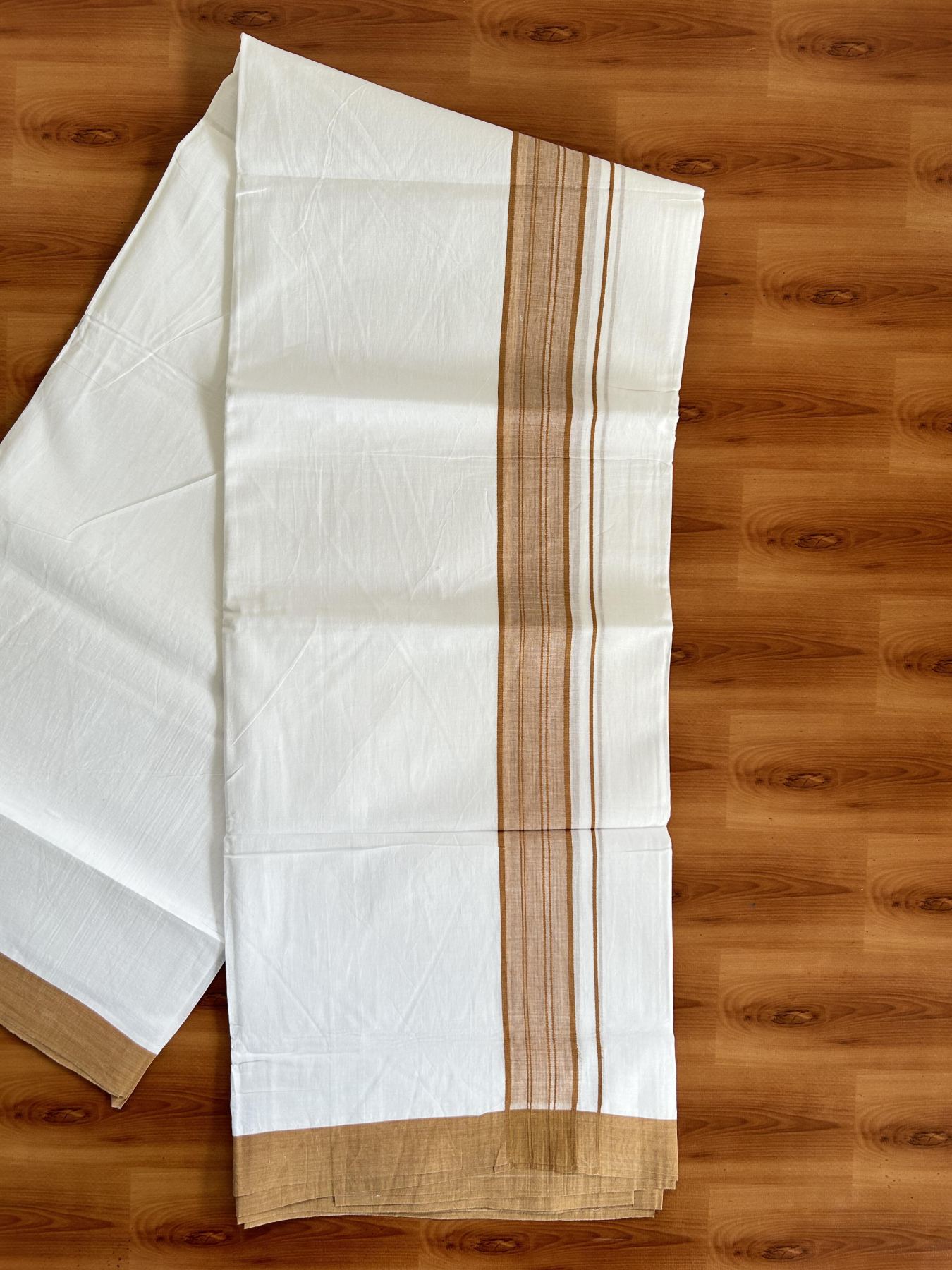 20% Discount ! KaithariKada Balaramapuram - 100% Pure Cotton Pure white Double Mundu / Dhothi 100x80 - 1.5 inch Orange Brown Shaded Kara  4.5 Meters (10 Muzham) - 17 KK5391 THI