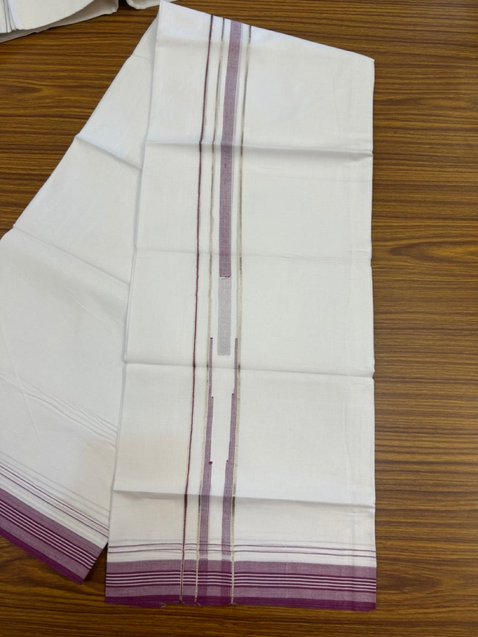 20% Discount ! Kaitharikada Balaramapuram 100% Cotton Pure White Double Mundu/Dothi - 100x80 - 1.25 inch Puliyilakkara Silver Kasav & Light Magenta Striped Chutty Kara  3.90 mtr (8 muzham) - 87 KK5285  VAS
